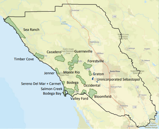 The West County EIFD boundary encompasses the primary population centers in unincorporated West County, such as Guerneville, Forestville, Graton, Sea Ranch, and other communities in a non-contiguous fashion, totaling approximately 15,700 in population over approximately 53,000 acres.