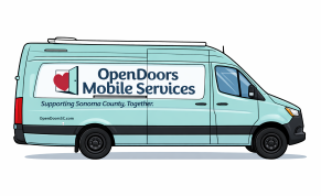 Illustration of a blue van with Open Doors Mobile Services printed on side