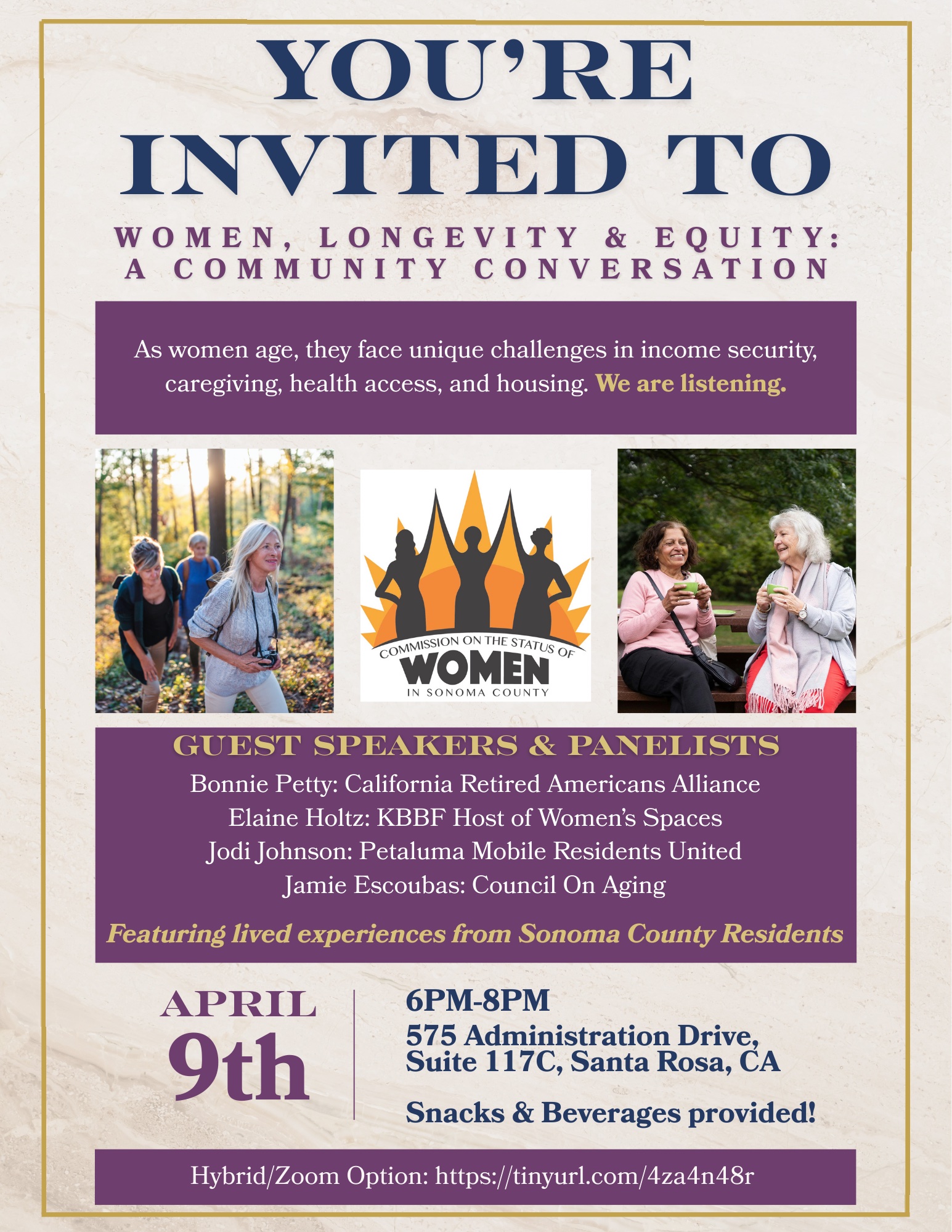 invites you to attend Women, Longevity & Equity: A Community Conversation on April 9, 2026, from 6:00 PM to 8:00 PM, at 575 Administration Drive, Suite 117C, Santa Rosa, CA 95403.