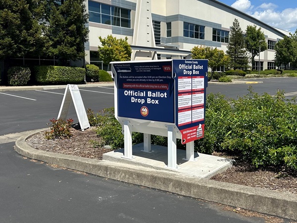 Picture of the Official Ballot Drop Box located at the Registrar of Voters Office at 3880 Brickway Blvd, Santa Rosa.