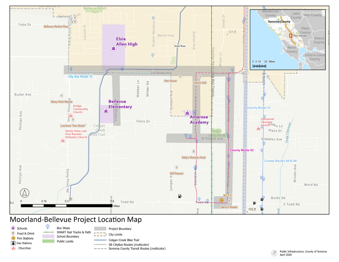 map of the proposed safe routes to school in Moorland-Bellevue areas of Santa Rosa, CA