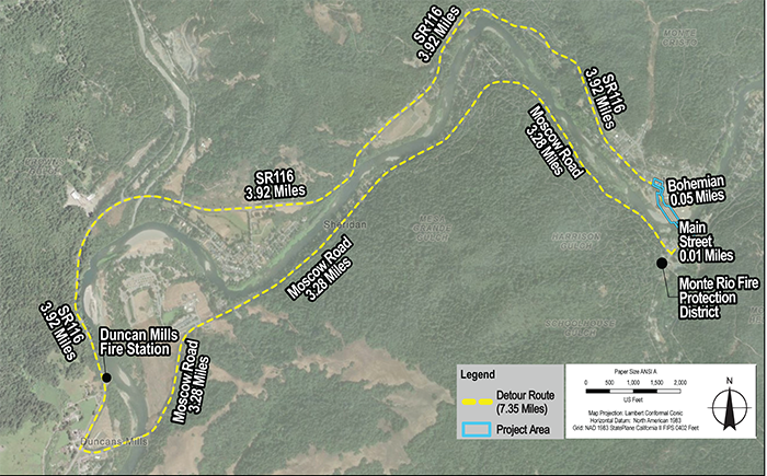 Monte Rio Bridge Detour Map