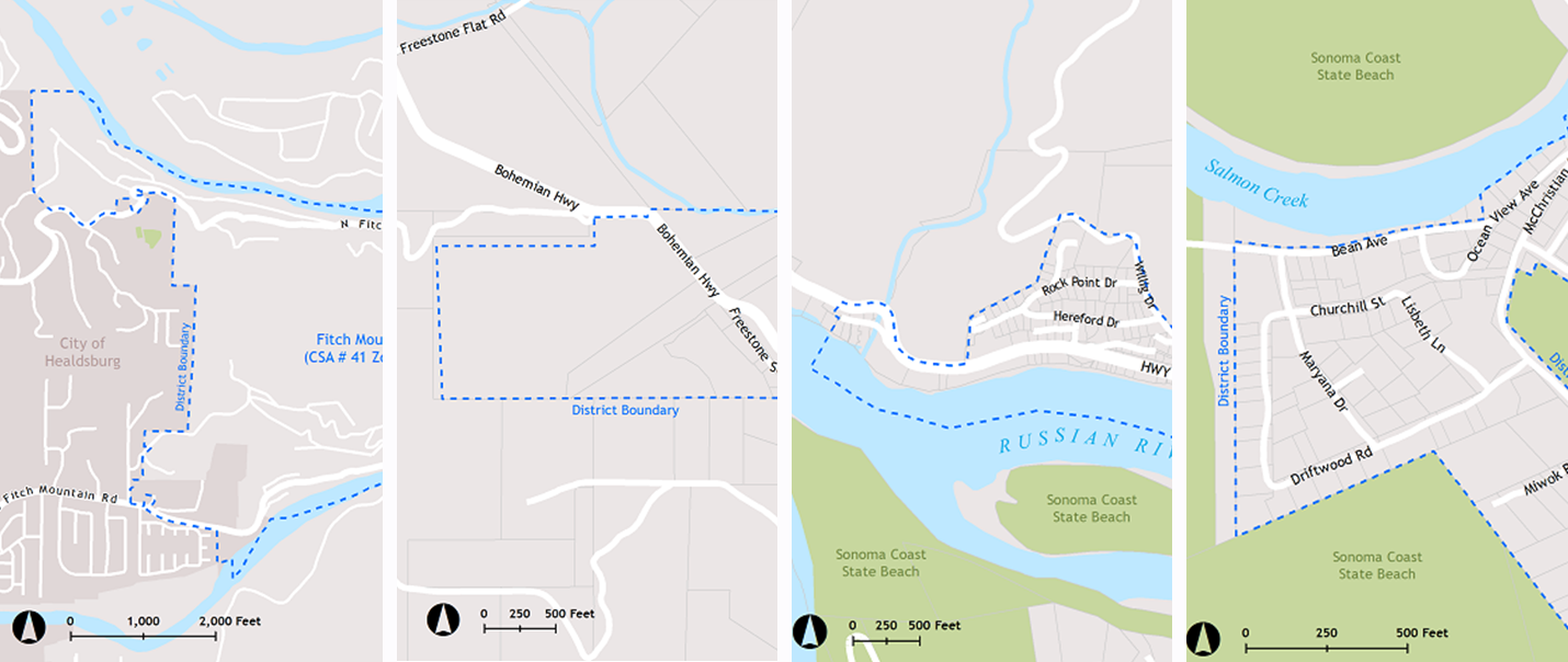 Image of four maps of the four water systems managed by Sonoma County