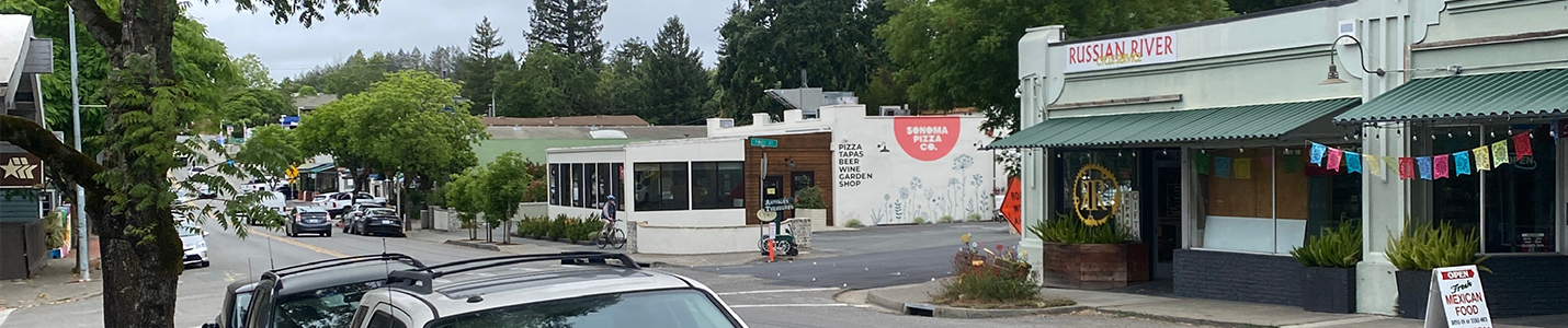 Image of a small town's main street with shops and restaurants