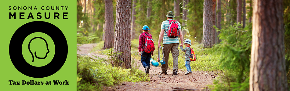Measure O Logo with photo of family backpacking