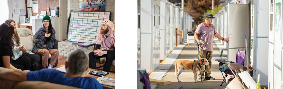Mental health therapists conduct a group meeting and a formerly homeless client returns to home with his dog